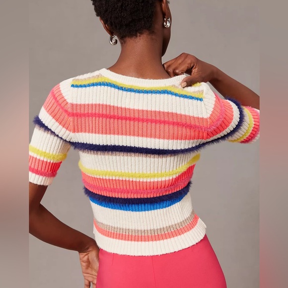 Anthropologie Maeve Short-Sleeve Multi-Stripe Eyelash Sweater Women’s Medium - Picture 2 of 11